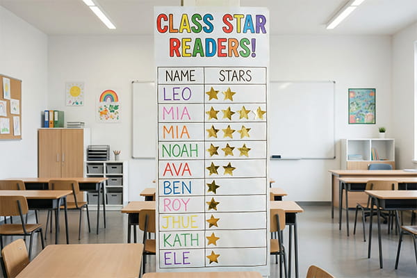 classroom with banner print-out