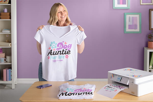 woman showing a printed t-shirt