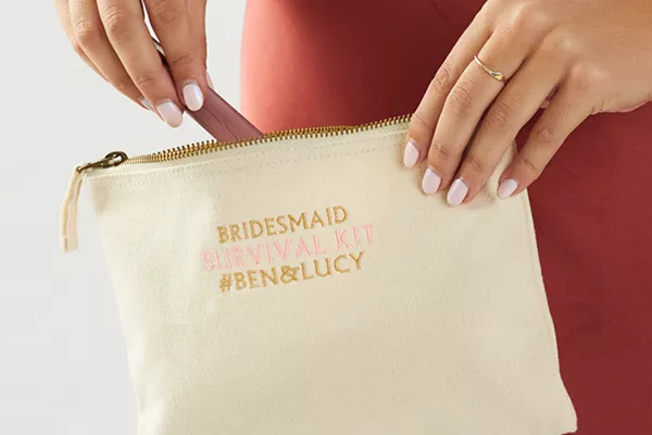 Image of a toiletry bag with small font machine embroidery