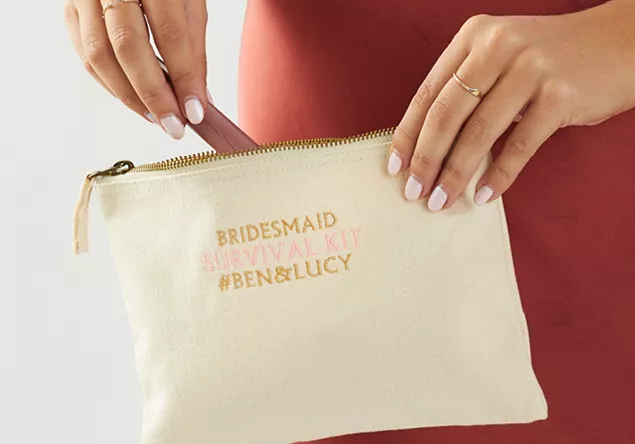 Image of a toiletry bag with small font machine embroidery