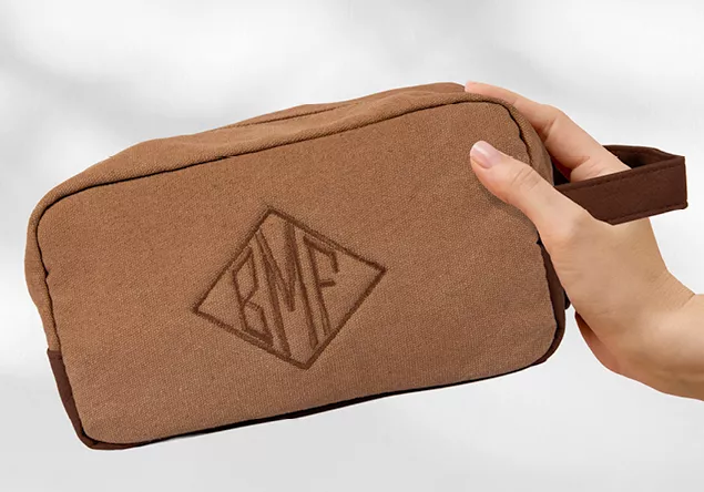 image of quick and easy initials embroidered on a toiletries case