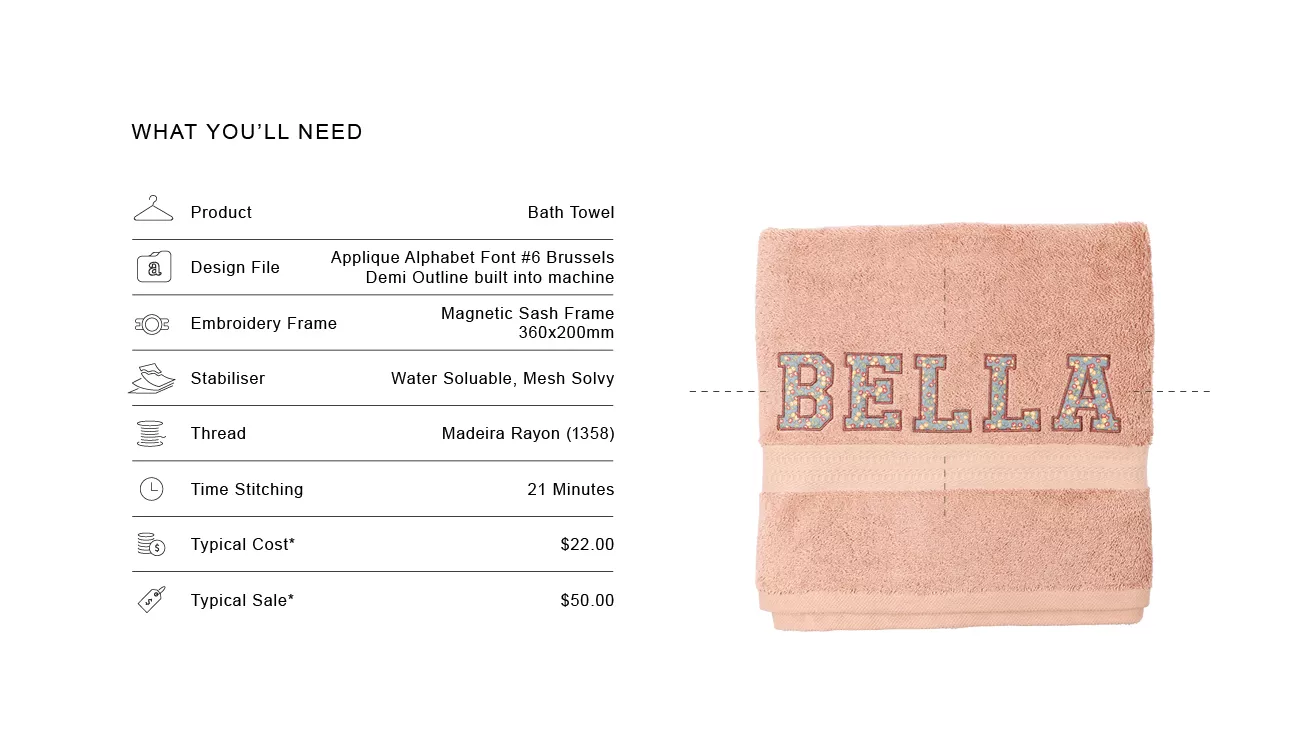 image of the recipe card for creating appliques on towels