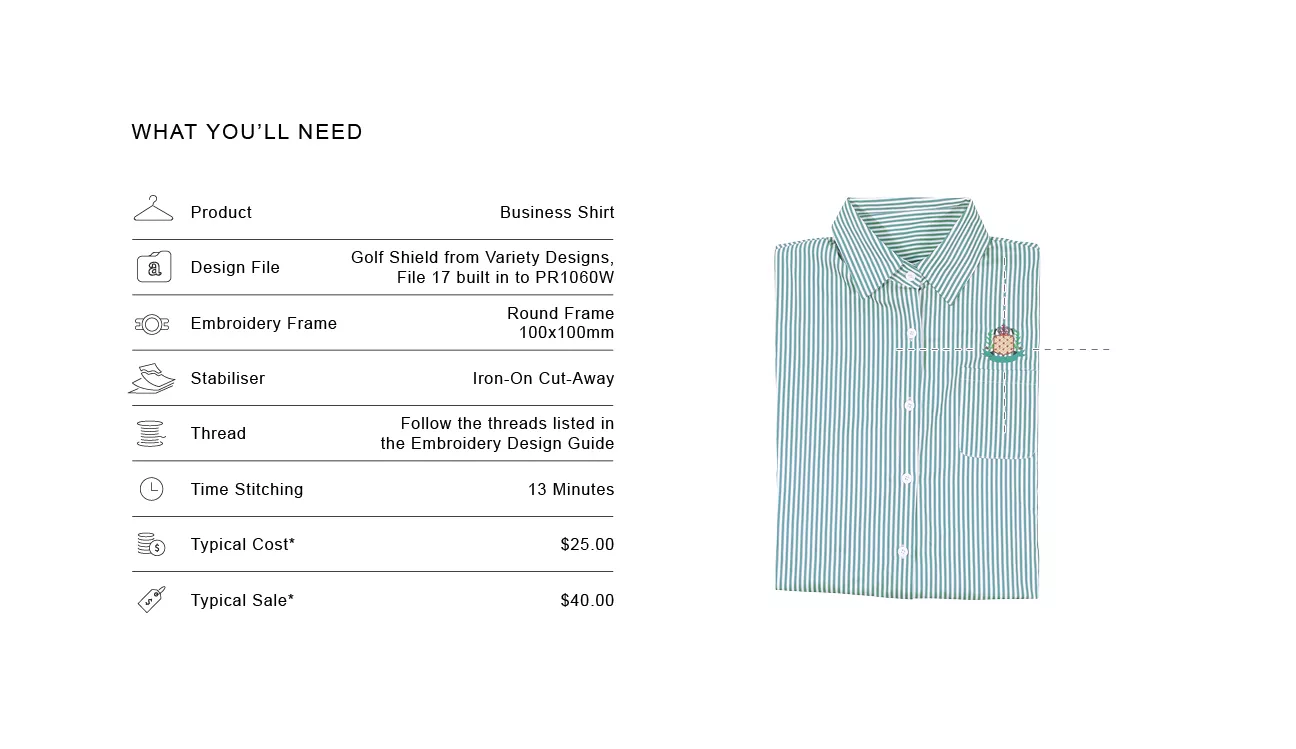 image of a recipe card for positioning embroidery on a dress shirt