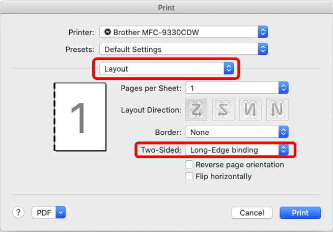 Mac print settings layout two sided print option 
