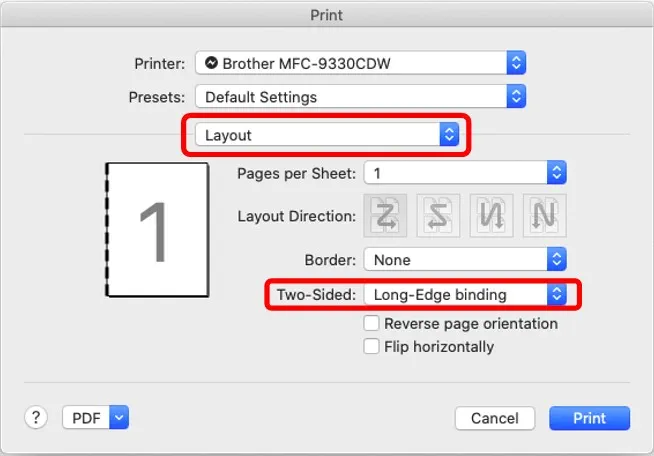 Mac print settings layout two sided print option