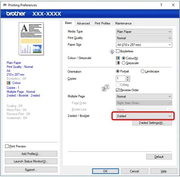 Windows Printing Preferences 2-sided option