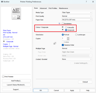 Brother greyscale in printing preferences