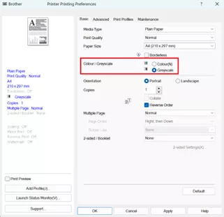 Brother greyscale in printing preferences