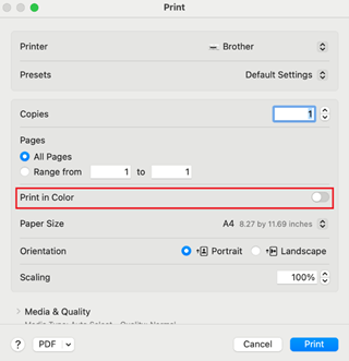 Brother - greyscale setting macos 14 or later