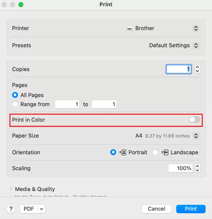 Brother - greyscale setting macos 14 or later