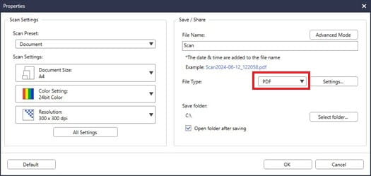 Dropdown box for File Type to save in Brother iPrint and Scan