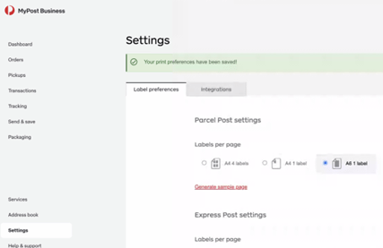 australia post website settings for shipping label