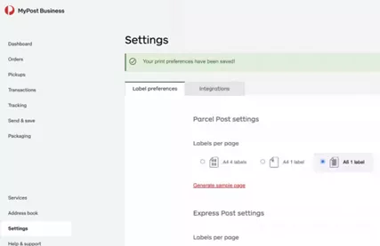 australia post website settings for shipping label
