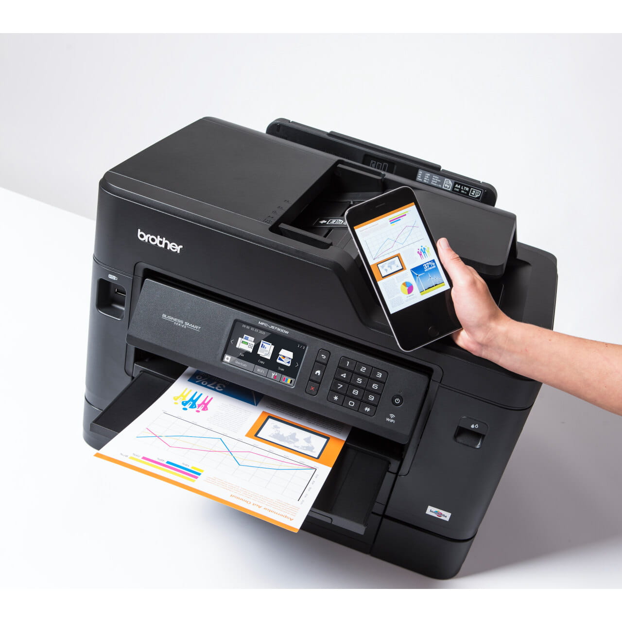 Brother MFC-J5730DW printer printing a colour page