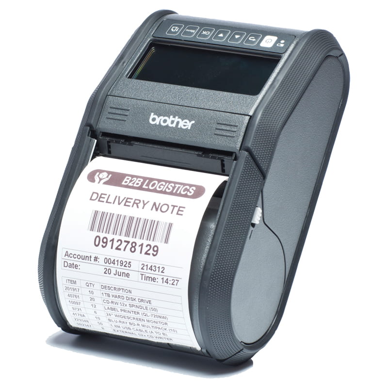 portable printer brother rj-3150 facing left with print output