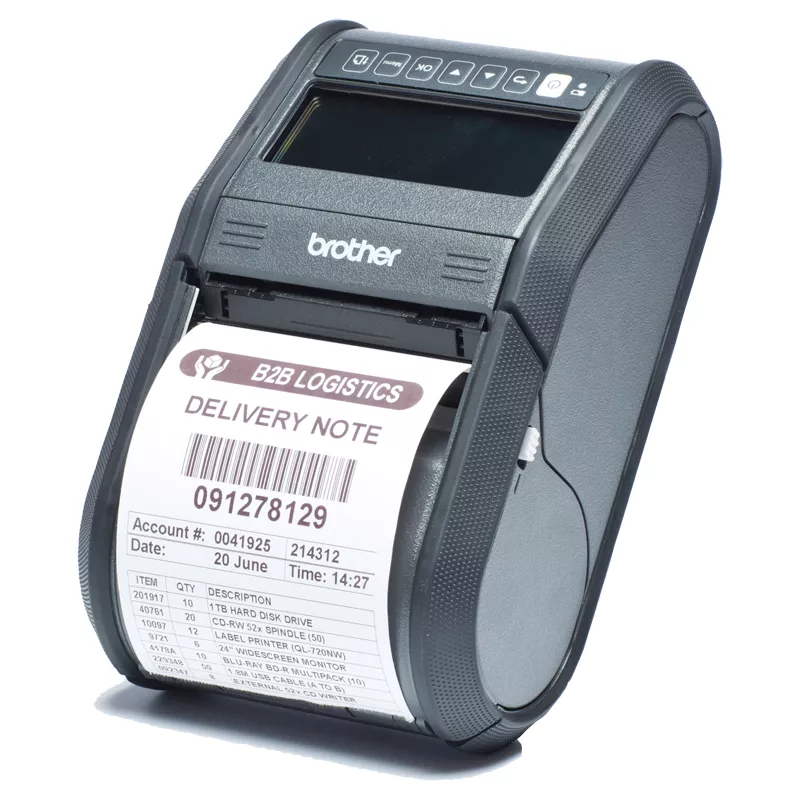 portable printer brother rj-3150 facing left with print output