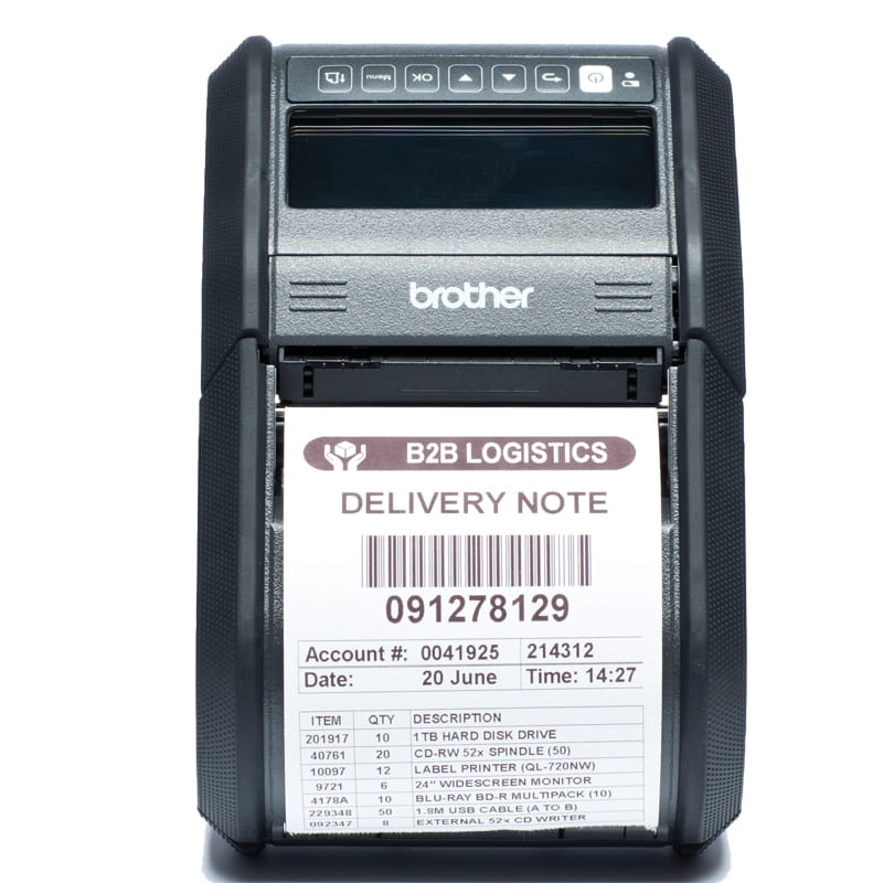 portable printer brother rj-3150 facing forward with print output