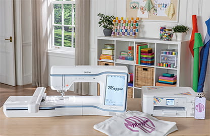 Image of the Brother Celeste CX1e Embroidery machine, the Brother SP1 Sublimation Printer in the setting of a sewing room.