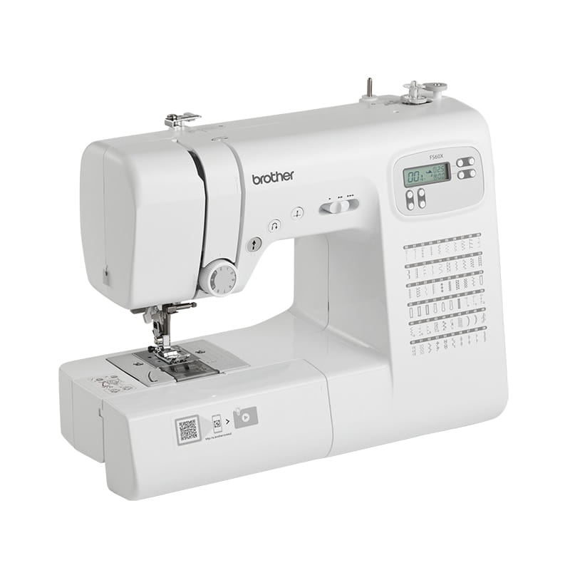 Angled view of Brother FS60X showing the monochrome LCD and stitch chart