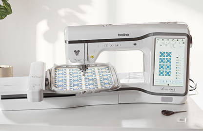 Image of the Brother Stellaire2 Innov-is XE2 Embroidery Machine displaying the Matrix Copy feature on screen and stitched out 