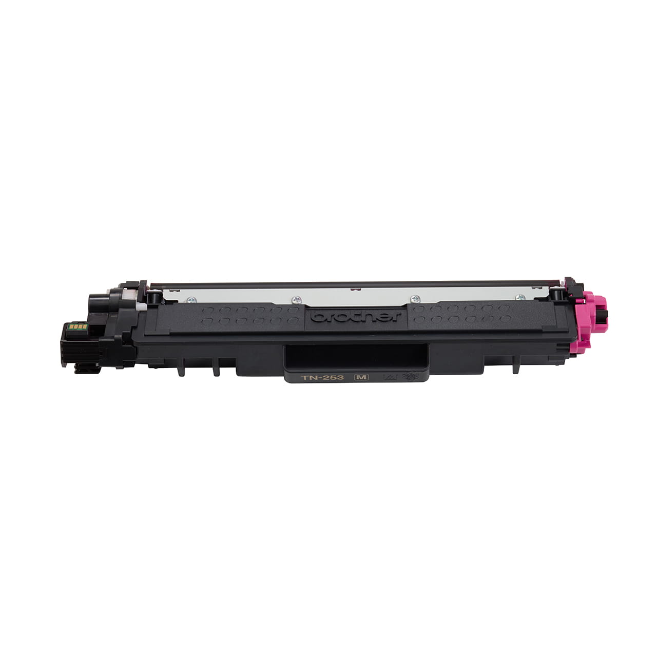 magenta standard yield toner cartridge tn253 out of carton facing forward.