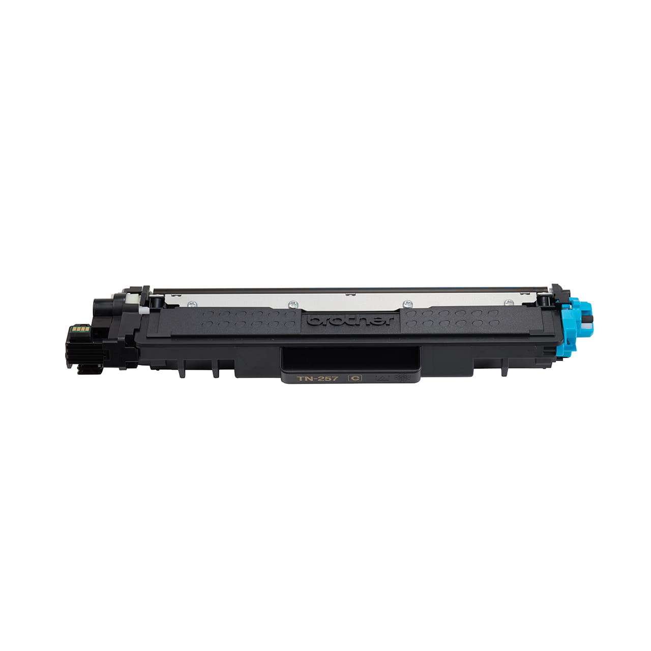 cyan high yield toner cartridge tn257 out of carton facing forward.