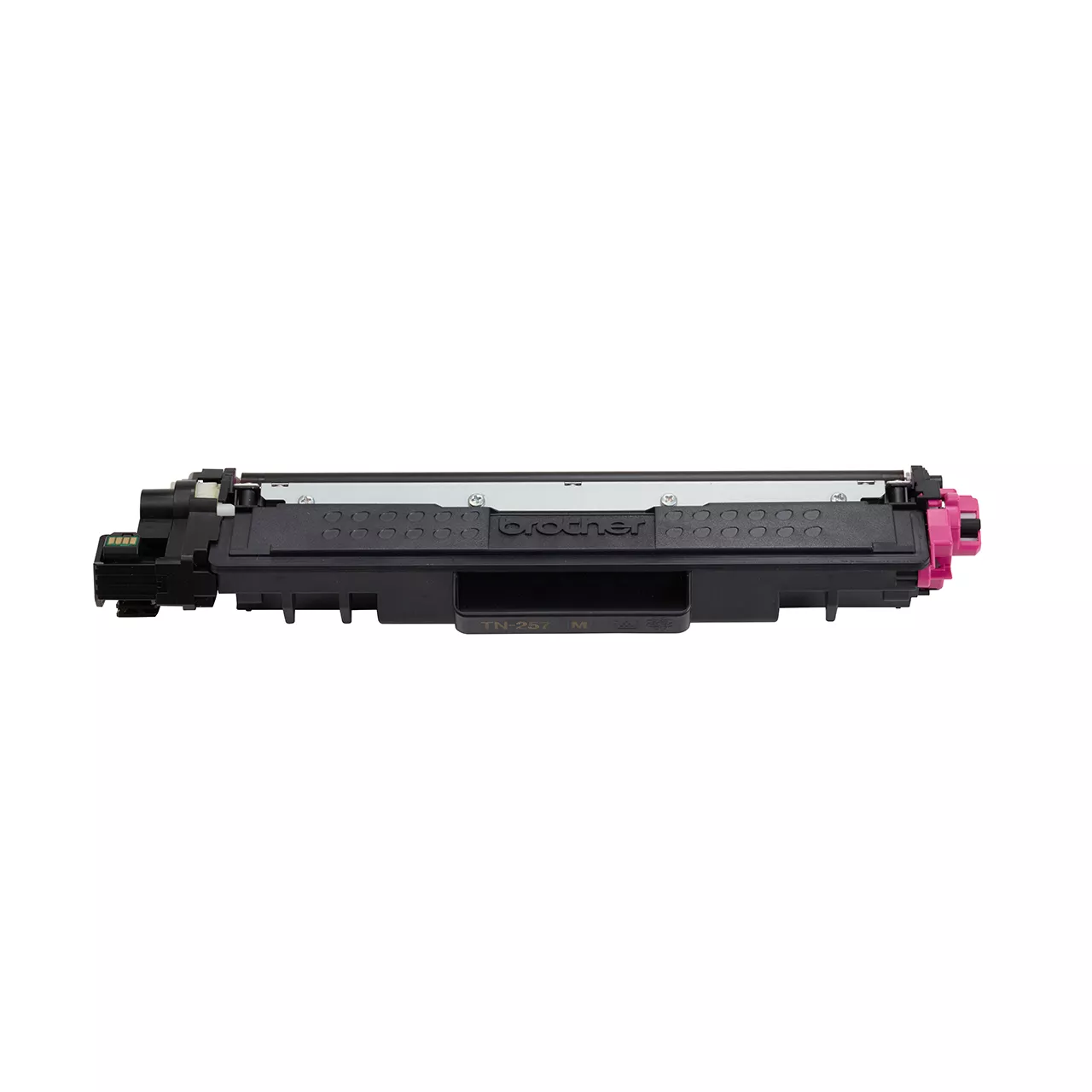 magenta high yield toner cartridge tn257 out of carton facing forward.