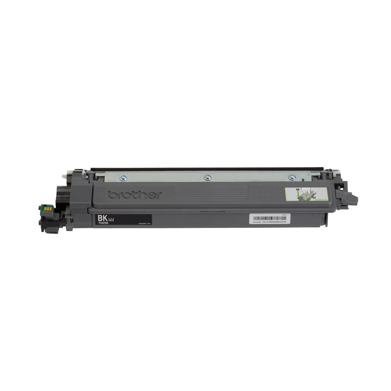 black standard yield toner cartridge tn258 out of carton facing forward.