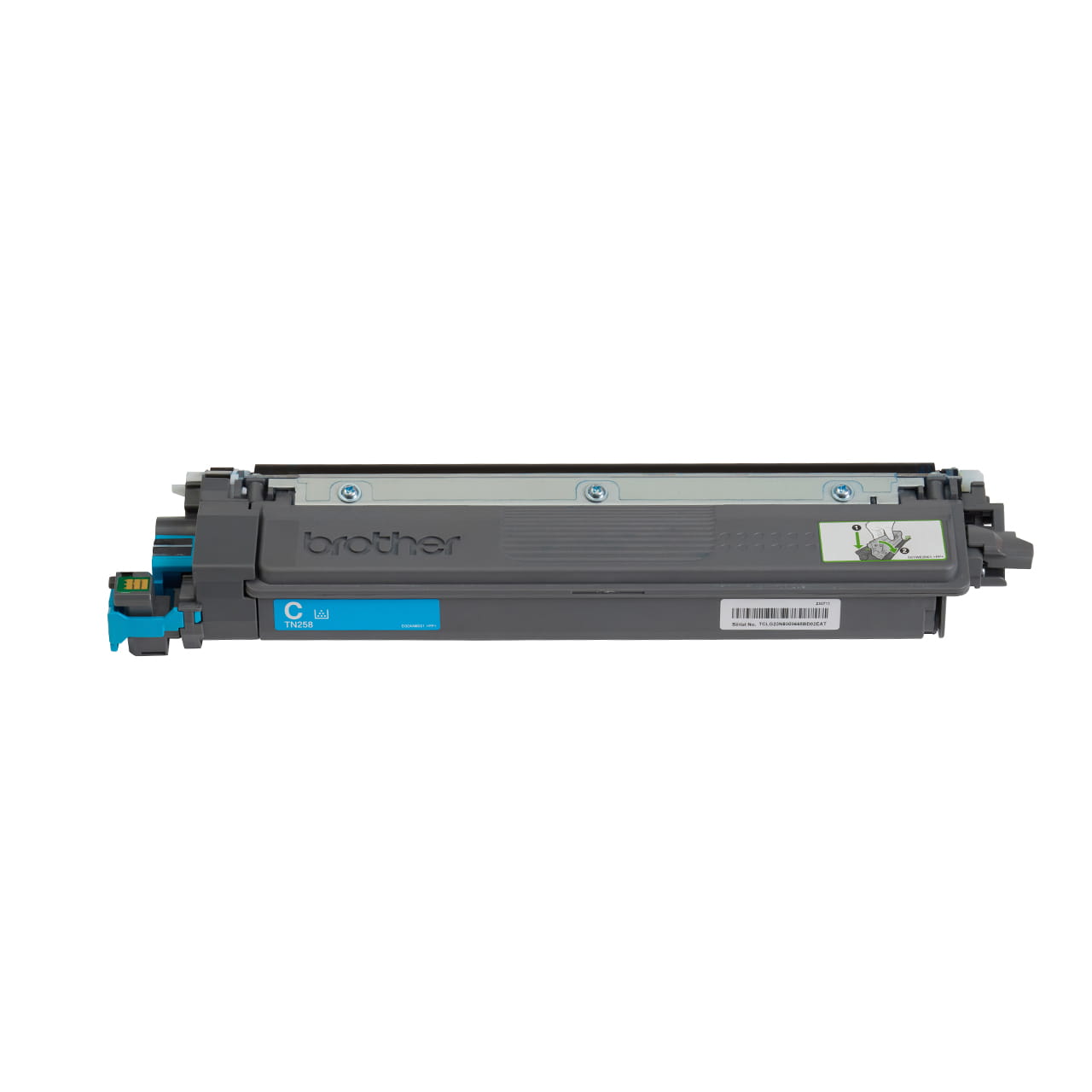 cyan standard yield toner cartridge tn258c out of carton facing forward.