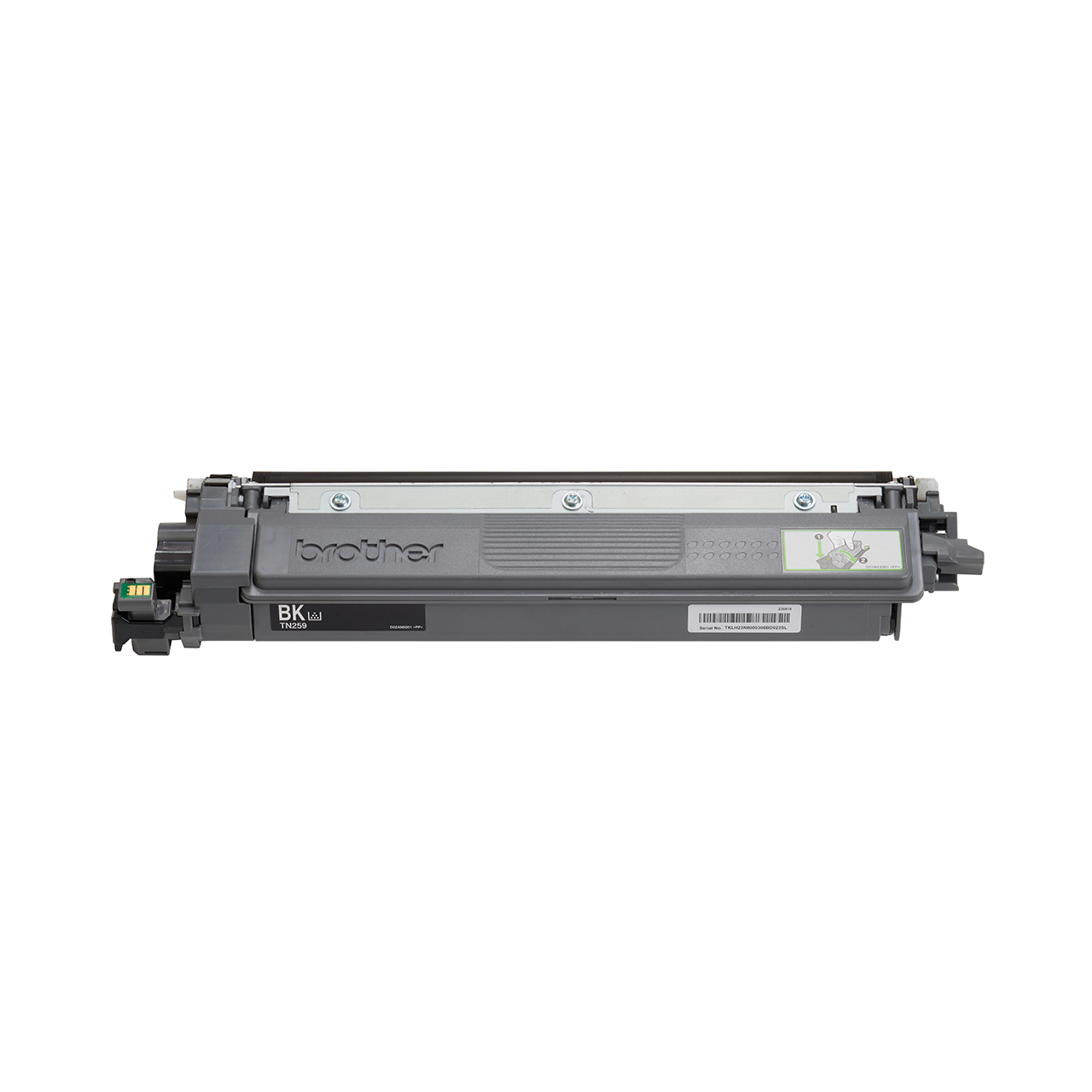 black super high yield toner cartridge tn259 out of carton facing forward.