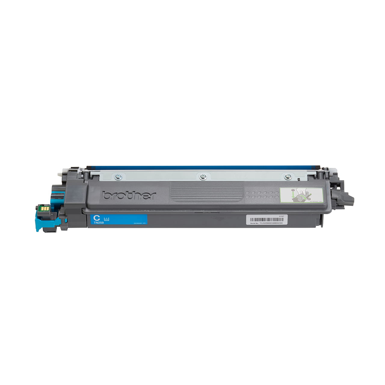 cyan super high yield toner cartridge tn259 out of carton facing forward.