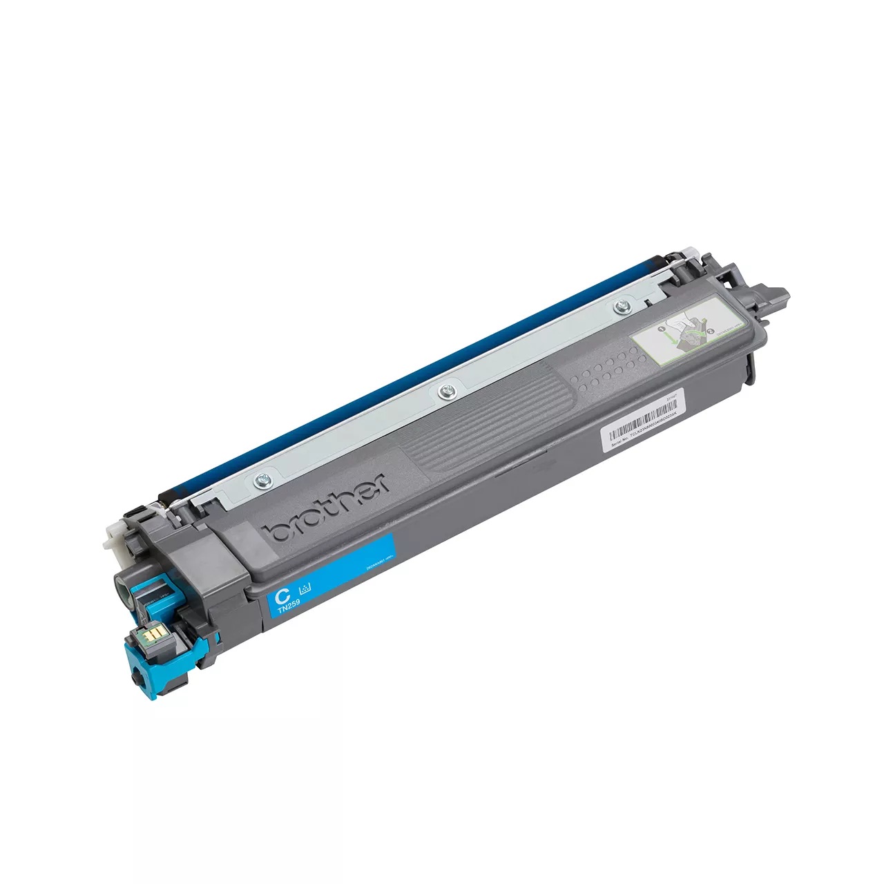 cyan super high yield toner cartridge tn259 out of carton facing right.