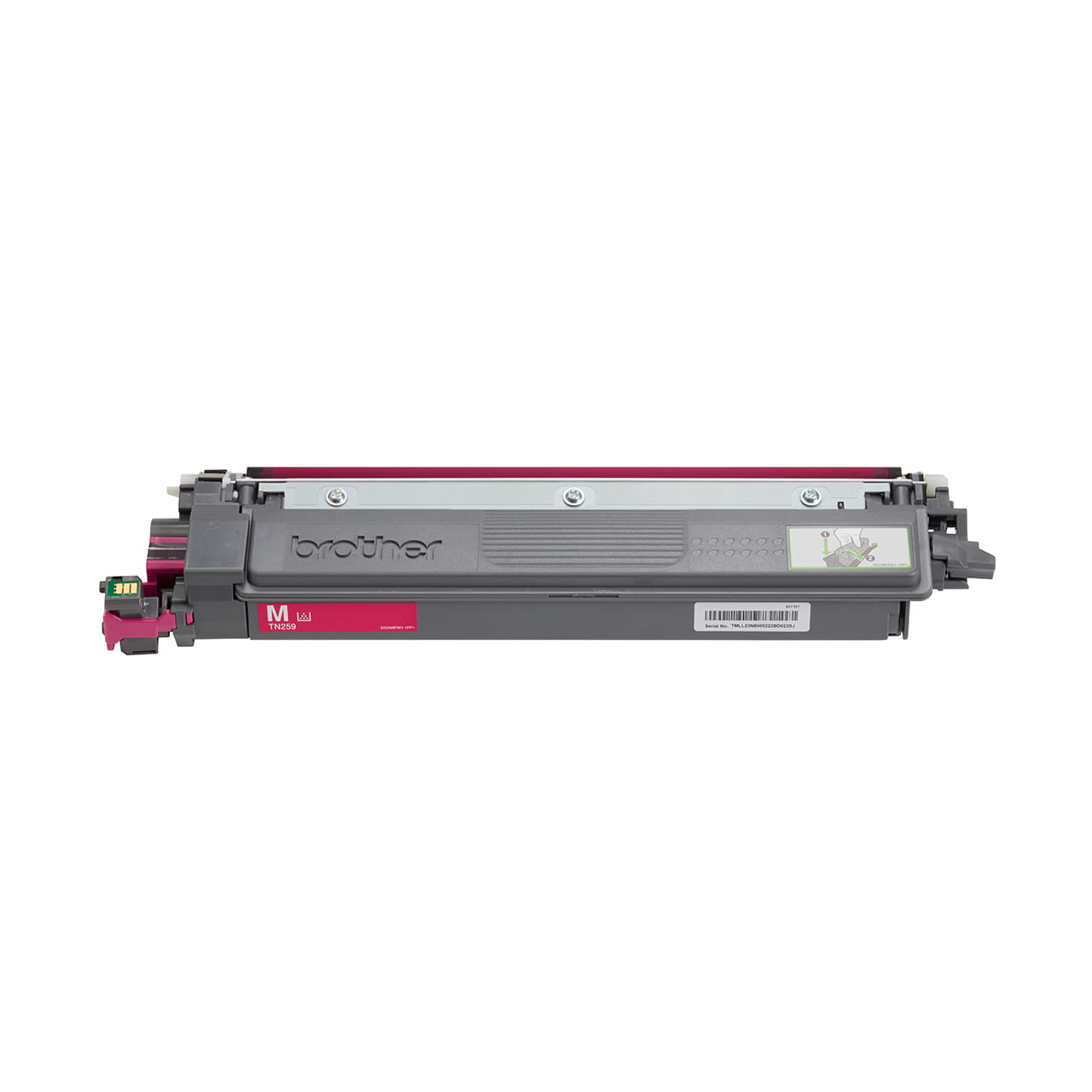 magenta super high yield toner cartridge tn259 out of carton facing forward.