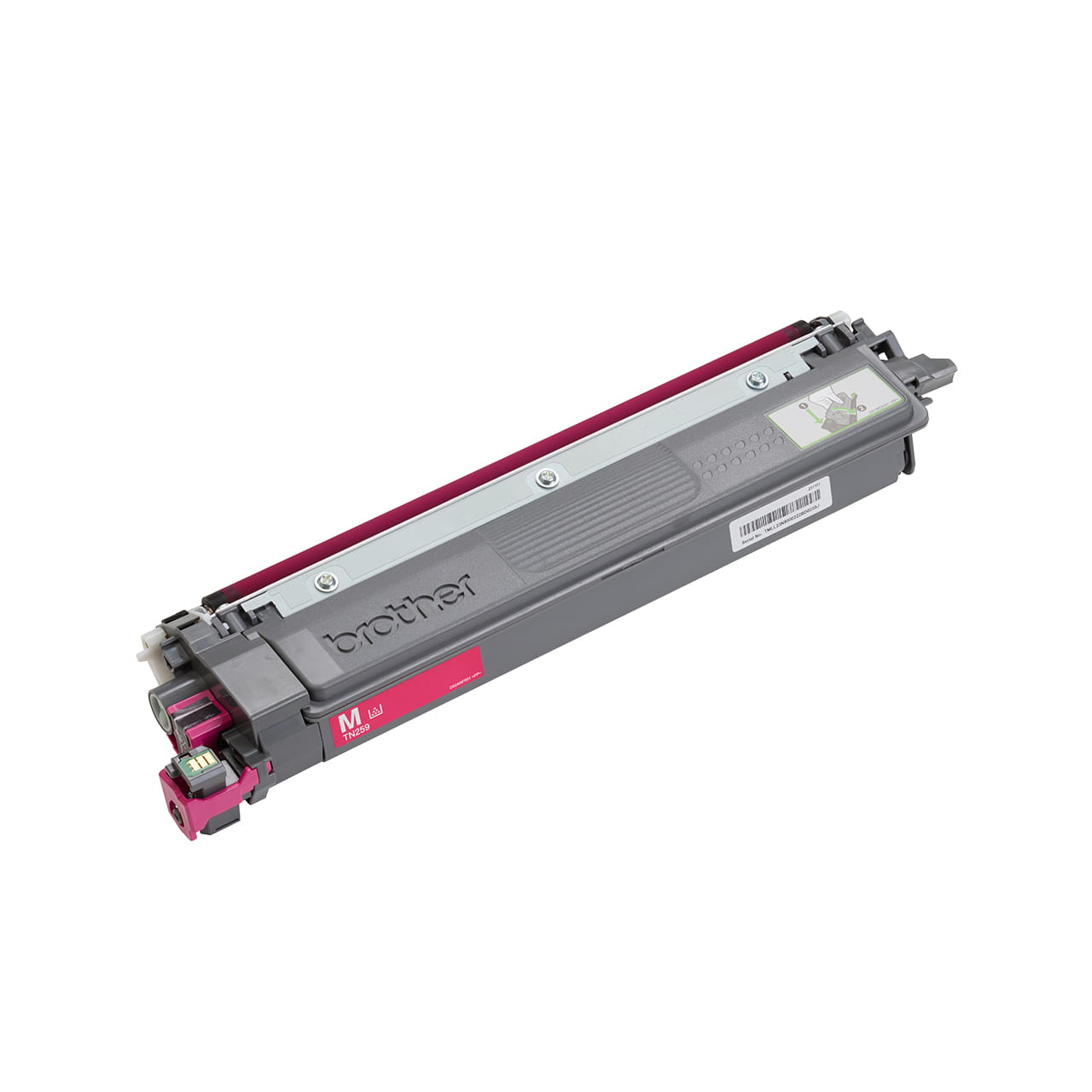 magenta super high yield toner cartridge tn259 out of carton facing right.