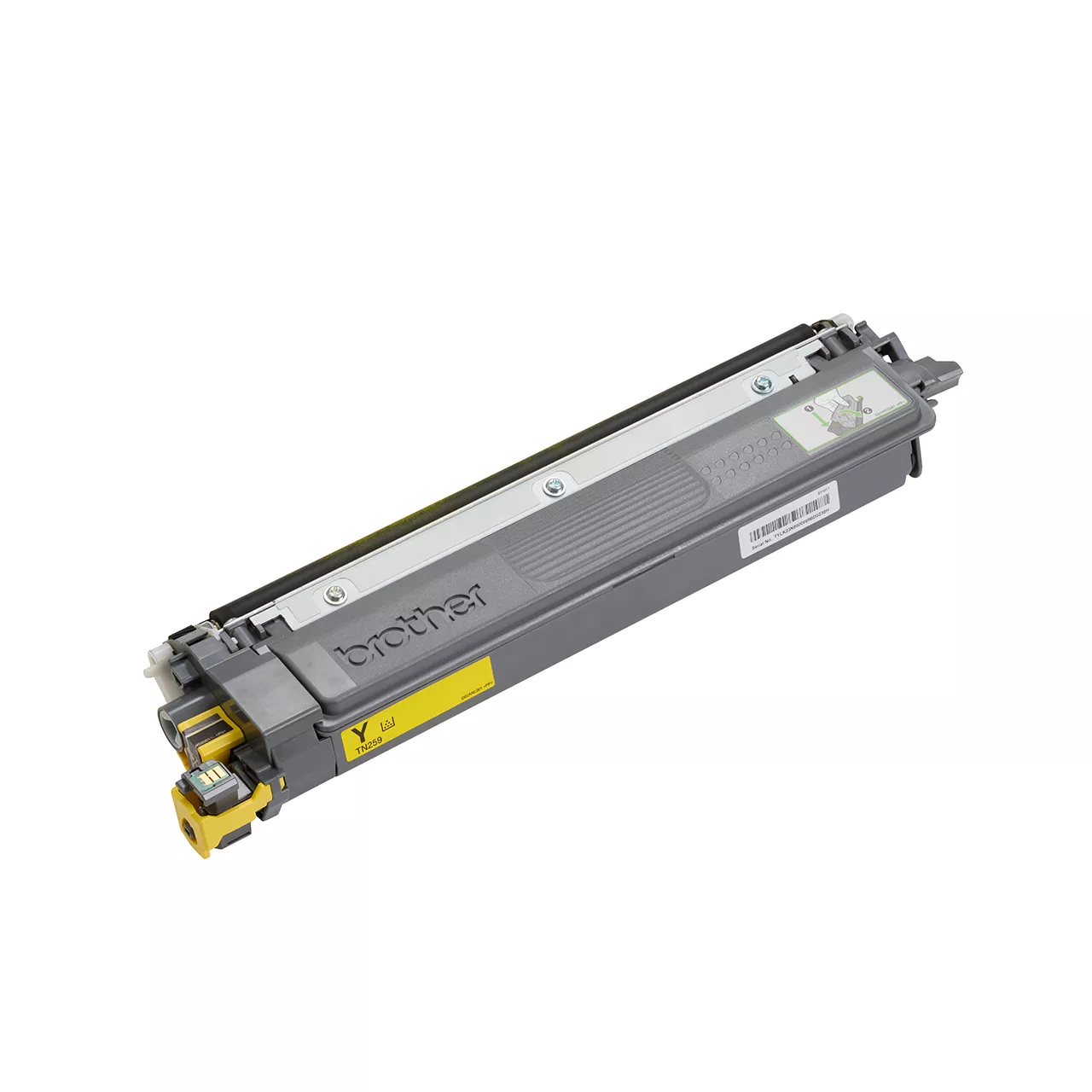 yellow super high yield toner cartridge tn259 out of carton facing right.