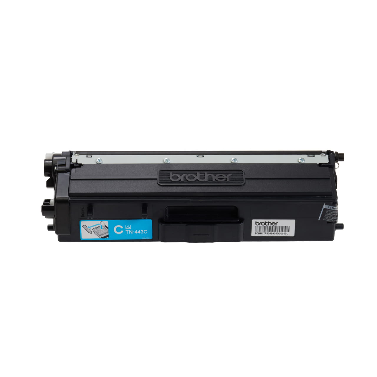cyan high yield toner cartridge tn443 out of carton facing forward.