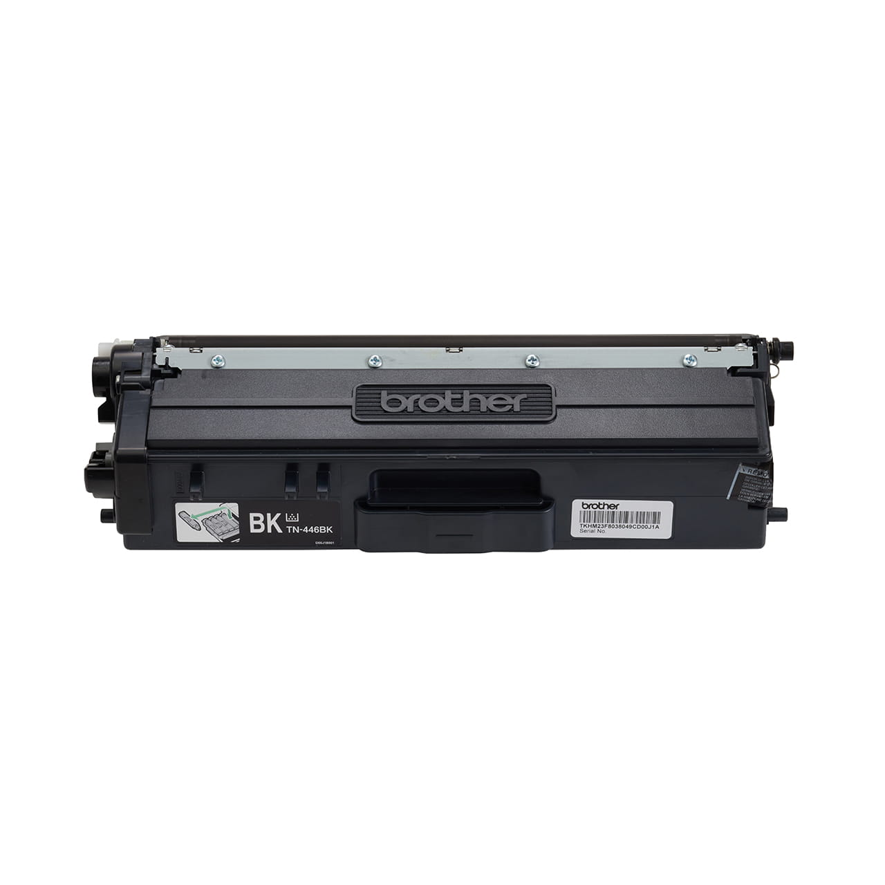 black super high yield toner cartridge tn446 out of carton facing forward.