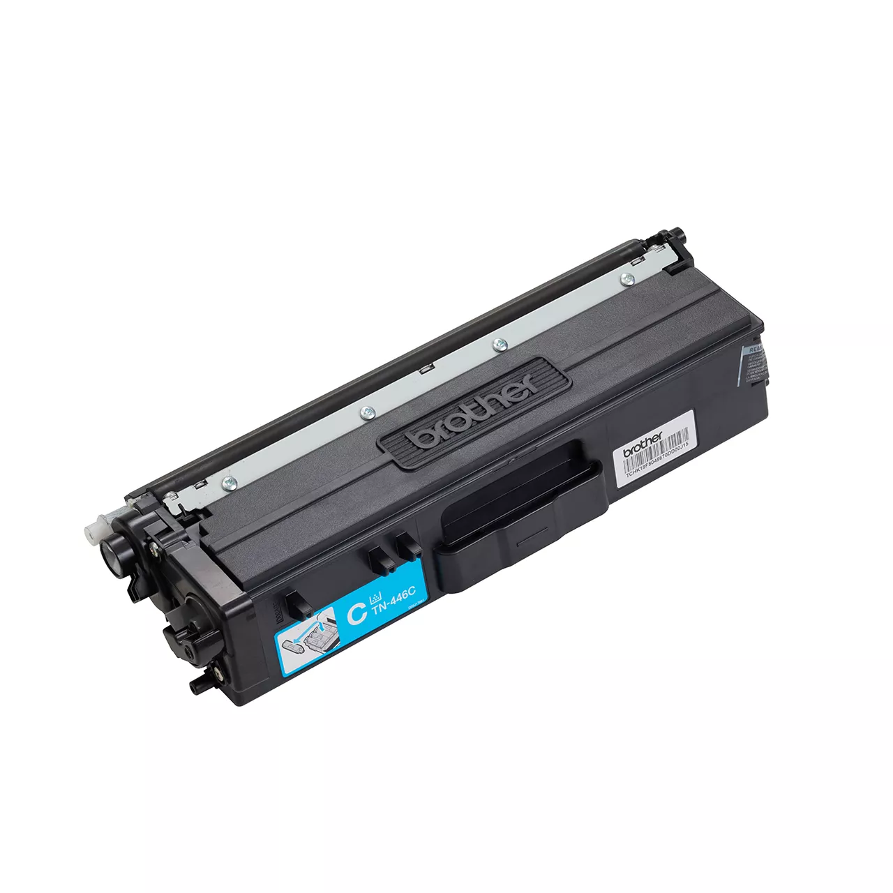 cyan super high yield toner cartridge tn446 out of carton facing right.