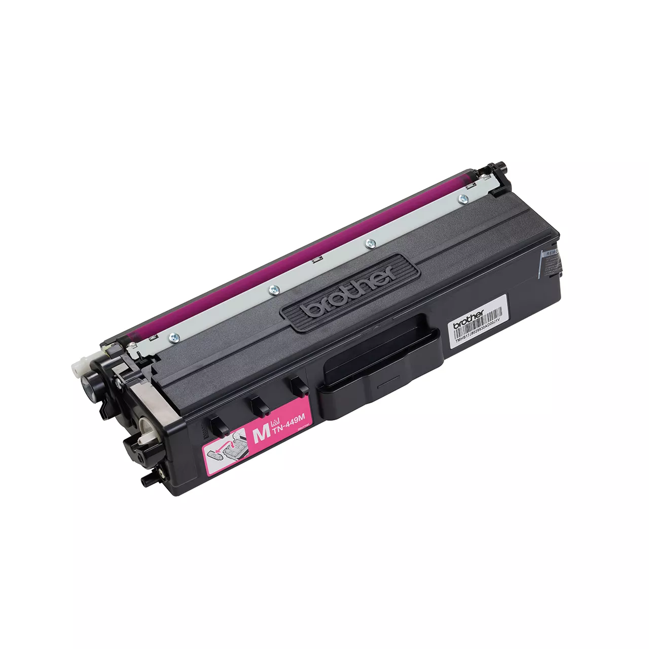 magenta ultra high yield toner cartridge tn449 out of carton facing right.