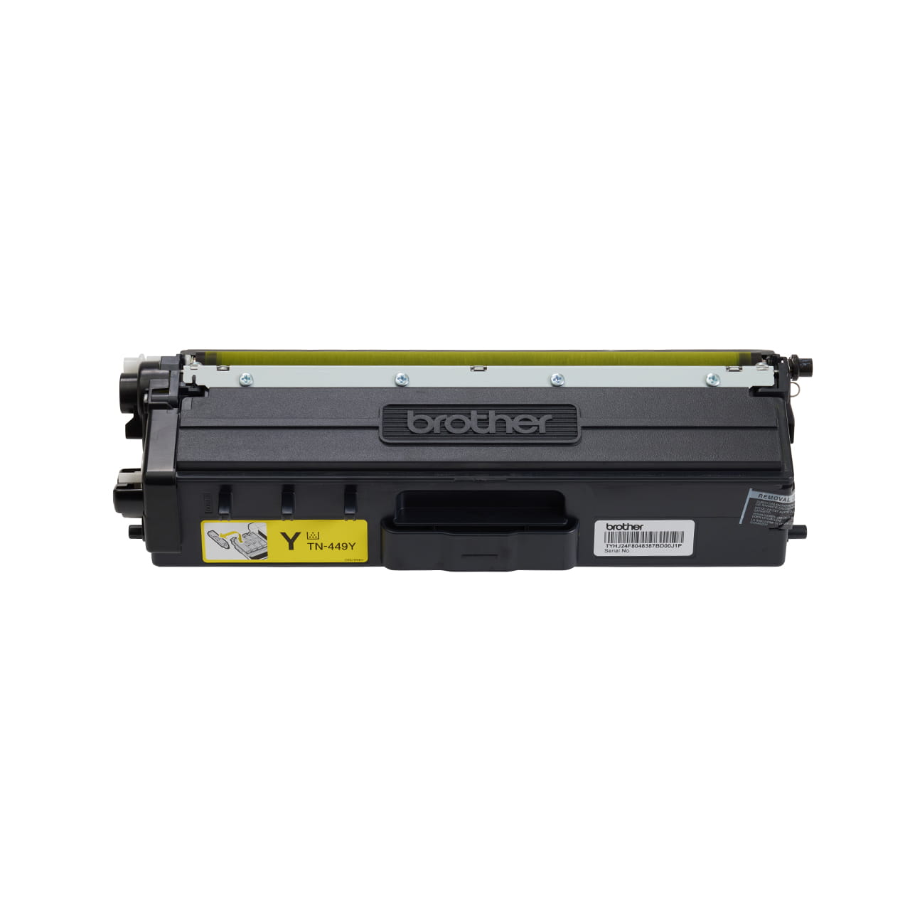 yellow ultra high yield toner cartridge tn449 out of carton facing forward.