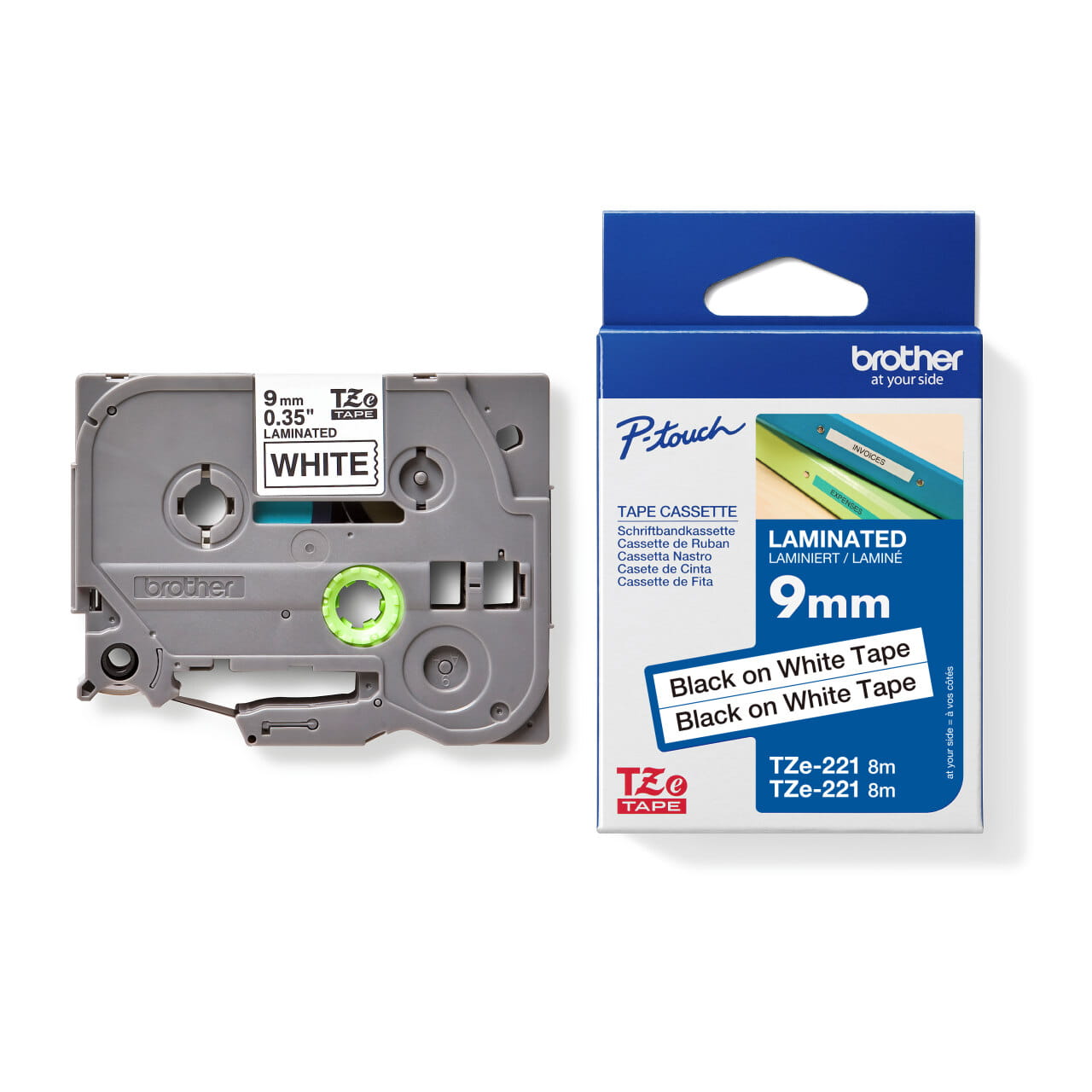 TZe-221 Genuine 9mm Laminated Black on White Tape Cassette