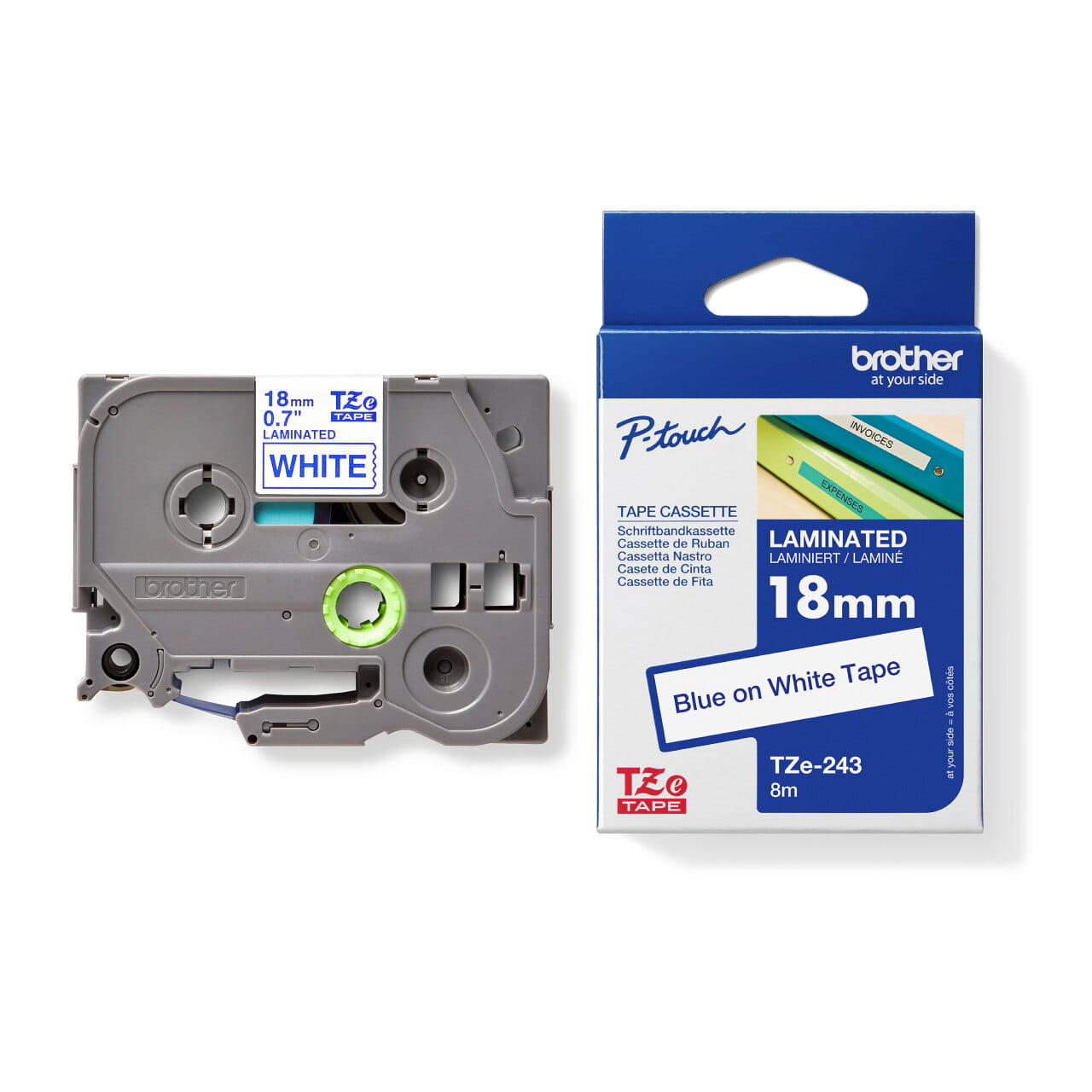 TZe-243 Laminated Label Tape (18mm Blue on White) | Brother Australia