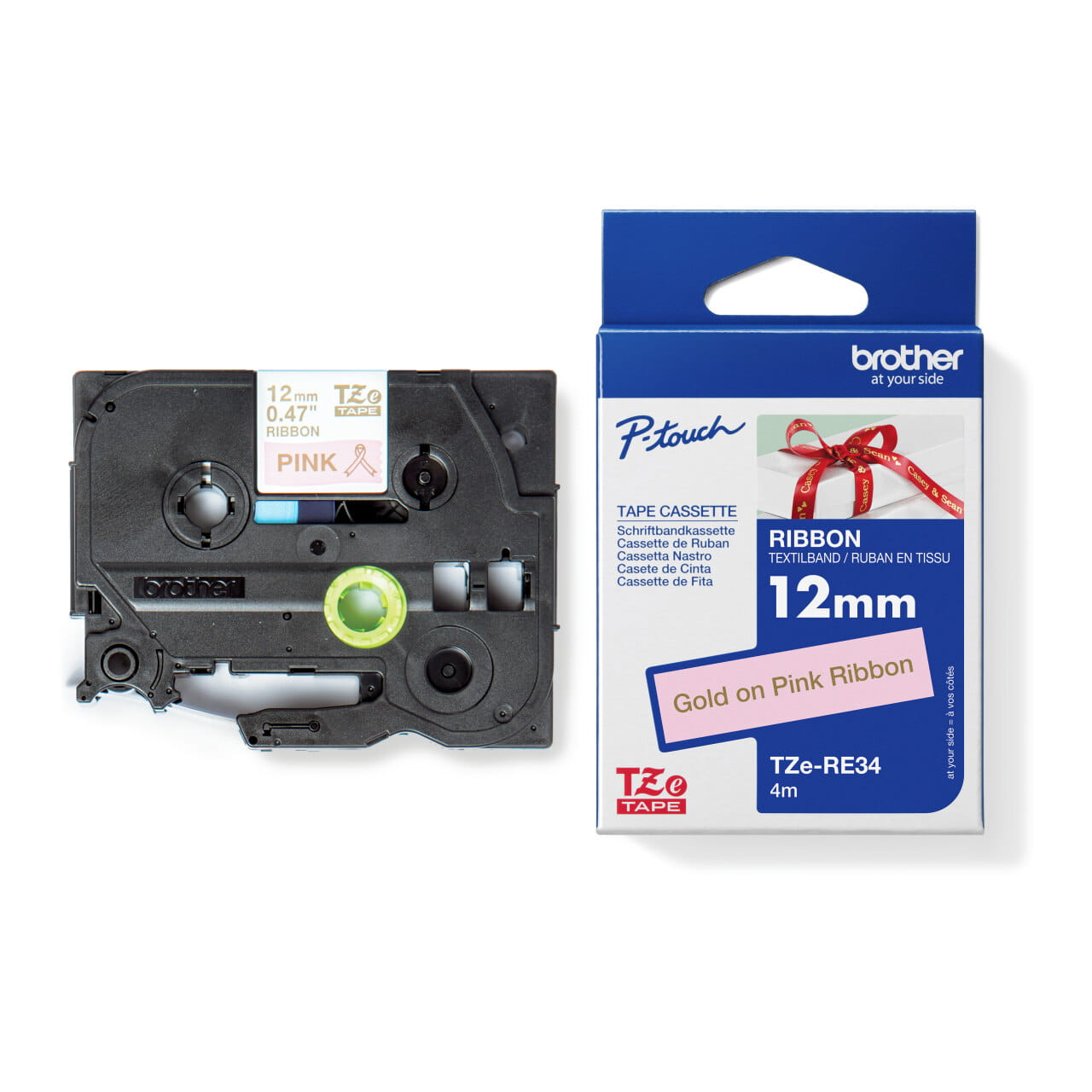 TZe-RE34 Ribbon Tape (12mm Gold on Pink) | Brother Australia