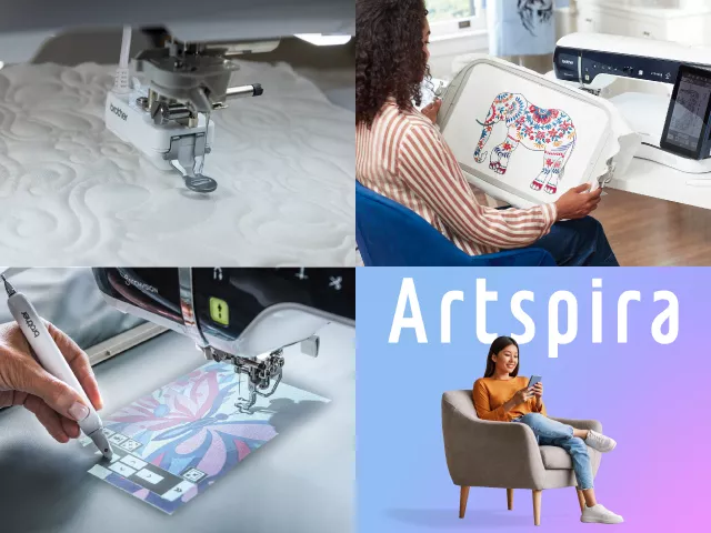 Image showing examples of the brother ISR, large format embroidery, projection of embroidery and Artspira capabilities for the Brother Aveneer EV1 Sewing, Quilting and Embroidery machine.