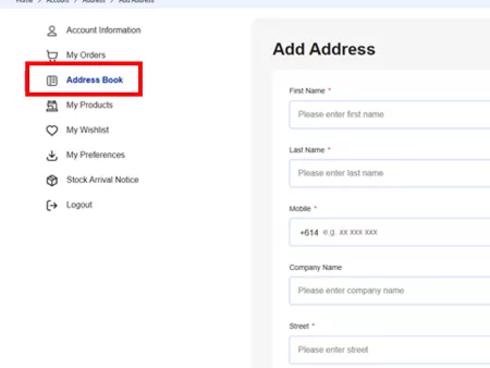Image of the add address details of the Brother product registration page.