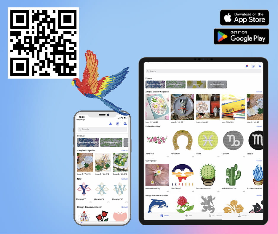 Hero image of the Brother Artspira app as display on a smart phone and tablet, with a QR code for direction to the Artpira information page and links to the Apple store and Google Play store.