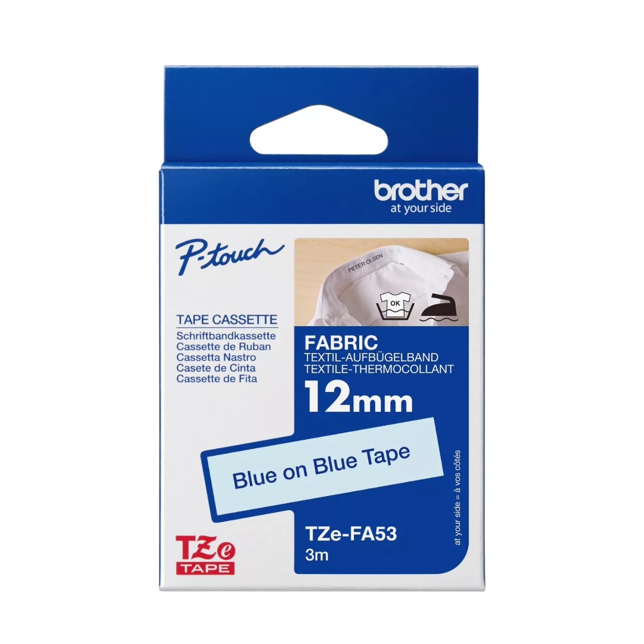 Genuine Brother TZe-FA53 Labelling Tape Cassette – Blue on Blue iron on fabric tape 12mm