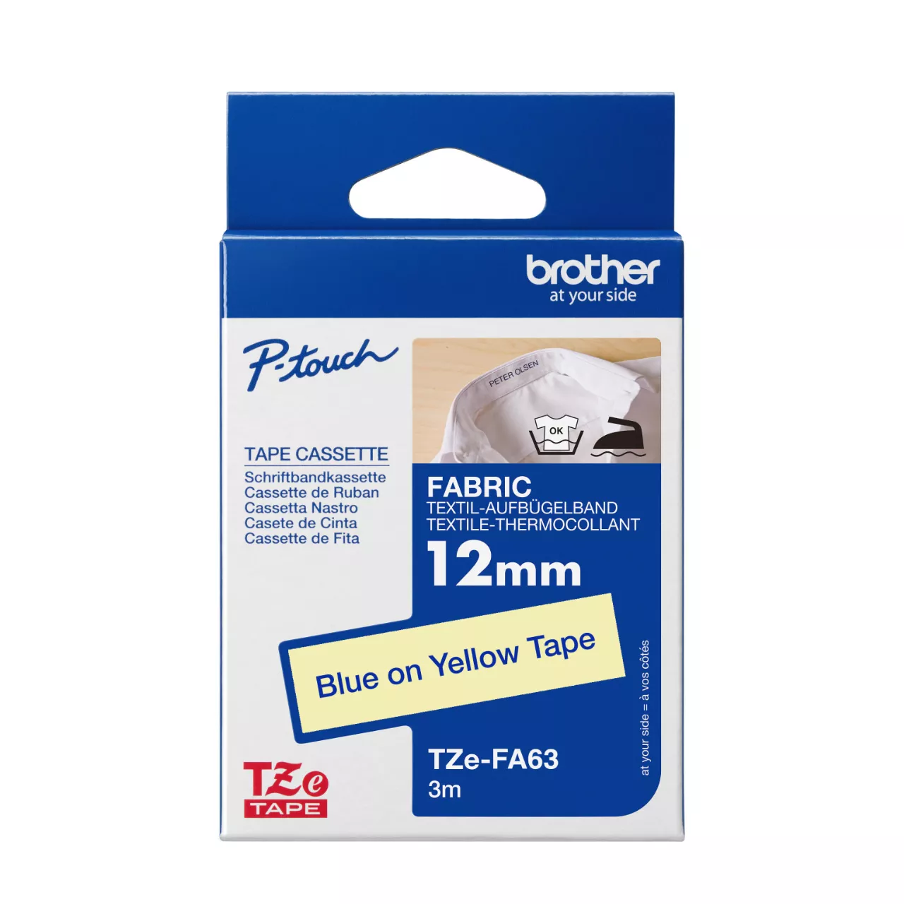 Brother Genuine TZe-FA63 Blue on Yellow Iron on Fabric Tape 12mm