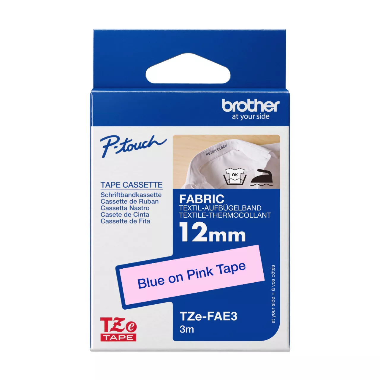 Brother Genuine TZe-FAE3 12mm blue on pink iron-on fabric tape 
