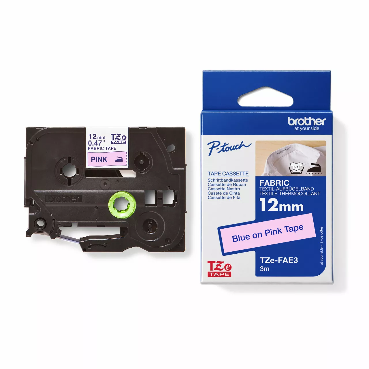 Brother Genuine TZe-FAE3 12mm blue on pink iron-on fabric tape 